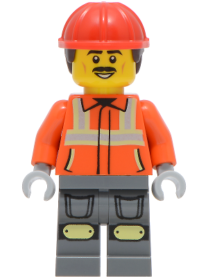 LEGO Construction Worker - Male, Reddish Orange Safety Jacket with Reflective Stripes, Dark Bluish Gray Legs with Knee Pads, Red Construction Helmet with Dark Brown Short Curly Hair, Moustache minifigure cty2046