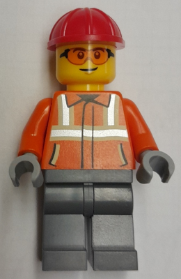 LEGO Construction Worker - Male, Reddish Orange Safety Jacket with Reflective Stripes, Dark Bluish Gray Legs, Red Construction Helmet, Safety Glasses minifigure cty2047
