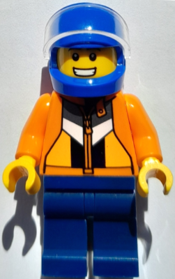 LEGO Stuntman (Jason 'Just Jason' Brickle) - Male, Orange Jacket with Panels and Zipper, Dark Blue Legs, Blue Helmet, Trans-Clear Visor minifigure cty2050