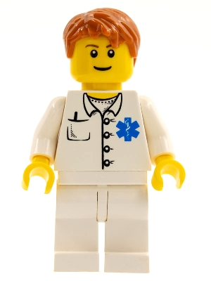 LEGO Doctor - EMT Star of Life Button Shirt, White Legs, Dark Orange Short Tousled Hair, Reddish Brown Eyebrows minifigure
