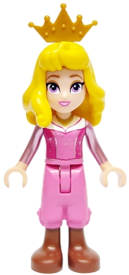 LEGO Aurora - Dark Pink Top, Metallic Pink Sleeves, Gold Necklace, Dark Pink Cropped Trousers, Reddish Brown Boots, Yellow Hair, Crown Tiara minifigure