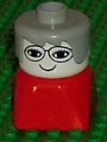 LEGO Duplo 2 x 2 x 2 Figure Brick Early, Female on Red Base, Gray Hair, Glasses (Grandmother) minifigure