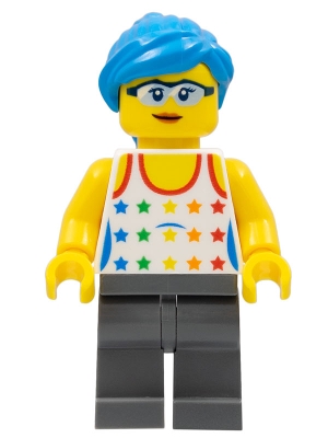 LEGO Female, Tank Top with Colored Stars, Dark Bluish Gray Legs, Dark Azure Hair minifigure