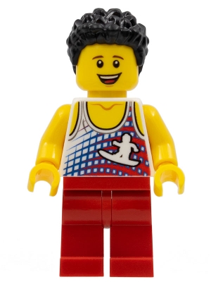 LEGO Male, Tank Top with Surfer, Red Legs, Black Hair minifigure