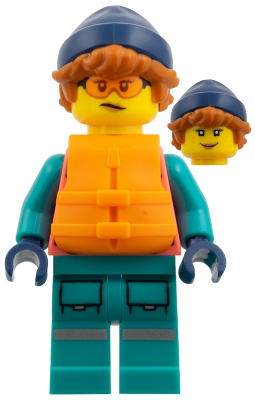 LEGO Arctic Explorer - Female, Coral and Dark Turquoise Outfit, Orange Lifevest, Dark Orange Hair, Dark Blue Hat minifigure edu025