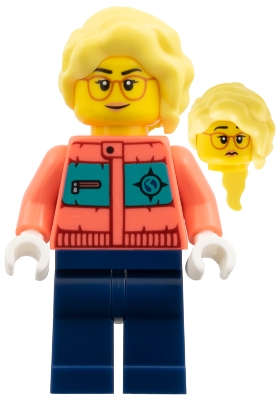 LEGO Arctic Explorer Photographer - Female, Coral Jacket, Dark Blue Legs, Bright Light Yellow Long Hair minifigure edu028