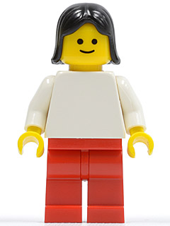 LEGO Plain White Torso with White Arms, Red Legs, Black Female Hair minifigure