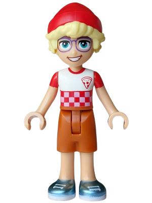 LEGO Friends Olly - White T-Shirt Checkered with Pizza Slice, Dark Orange Shorts, Metallic Light Blue Shoes, Red Hat minifigure frnd0898