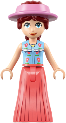LEGO Friends Paisley - Medium Blue Vest, Coral Skirt Full Length Pleated, Bright Pink Sun Cap minifigure frnd0923
