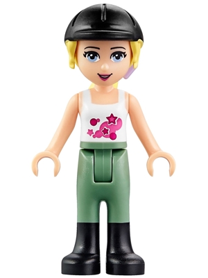 LEGO Friends Stephanie, Sand Green Riding Pants, Black Riding Helmet, Lavender Bow, White Top with Stars minifigure
