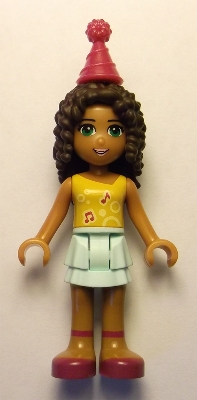 LEGO Friends Andrea, Light Aqua Layered Skirt, Bright Light Orange Top with Music Notes, Magenta Party Hat minifigure