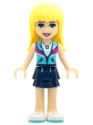 LEGO Friends Stephanie, Dark Blue Layered Skirt, Medium Azure and Dark Purple Jacket, Tan Neckline minifigure