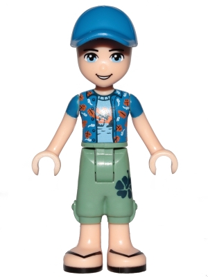 LEGO Friends Zack, Sand Green Cropped Trousers, Blue Shirt over Medium Blue T-Shirt, Blue Cap with Hole minifigure