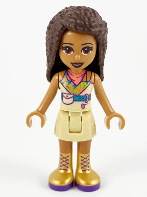 LEGO Friends Andrea, Tan Skirt, Coral, Lime and Medium Azure Top, Gold Boots minifigure