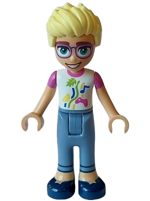 LEGO Friends Olly - White Shirt with Dark Pink Short Sleeves, Sand Blue Trousers, Dark Blue Shoes minifigure