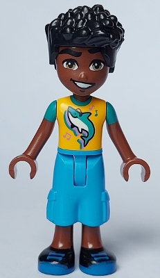 LEGO Friends Zac - Bright Light Orange Shirt with Shark, Dark Azure Trousers Cropped Large Pockets, Black Shoes minifigure