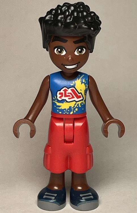 LEGO Friends Zac - Blue Shirt with Red Symbols and Yellow Splotches, Red Trousers Cropped Large Pockets, Dark Blue Shoes minifigure