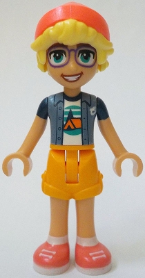 LEGO Friends Olly - Sand Blue Jacket over White T-Shirt with Tent, Bright Light Orange Shorts, Coral Shoes and Hat minifigure