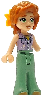LEGO Friends Autumn - Lavender Sleeveless Jacket with Flowers, Sand Green Trousers Bell-Bottoms, Medium Nougat Shoes, Dark Orange Hair Wavy, Bright Light Orange Flower minifigure