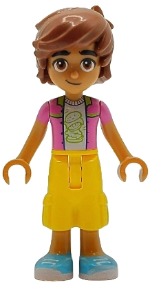 LEGO Friends Leo - Dark Pink Jacket, White Shirt with Hamburger, Yellow Cropped Trousers, Medium Azure Shoes minifigure