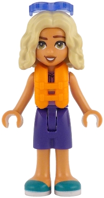 LEGO Friends Nova - Medium Lavender Sleeveless Hoodie with Dachshund, Dark Purple Shorts, Dark Turquoise Shoes, Orange Life Jacket, Trans-Purple Sunglasses minifigure