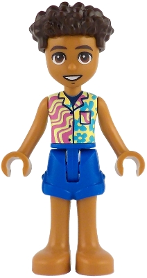 LEGO Friends Aron - Yellowish Green and Bright Light Yellow Shirt with Dark Azure Flowers and Dark Pink Wavy Lines, Blue Shorts, Bare Feet minifigure
