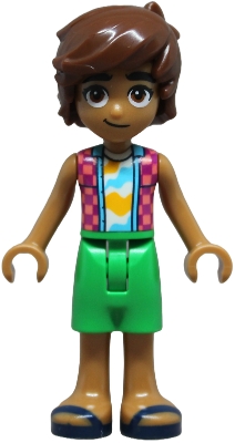 LEGO Friends Leo - Dark Pink and Magenta Checkered Sleeveless Shirt, Bright Green Shorts, Dark Blue Sandals minifigure