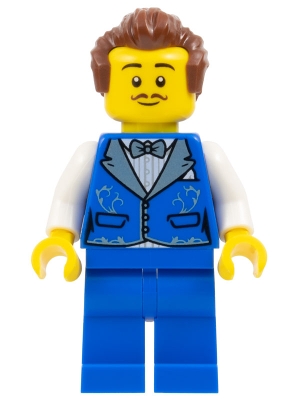 LEGO Magician - Male, Blue Vest with Metallic Light Blue Lapels, Blue Legs, Reddish Brown Hair, Dark Brown Moustache minifigure