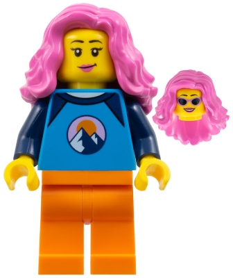 LEGO Saxophone Player - Female, Dark Azure and Dark Blue Shirt with Mountains, Orange Legs, Dark Pink Wavy Hair minifigure