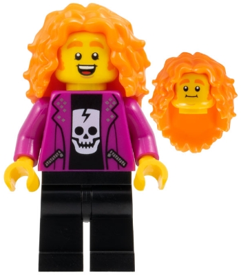 LEGO Rock Singer - Male, Magenta Jacket, Black Skull Shirt and Legs, Orange Long Tousled Hair minifigure