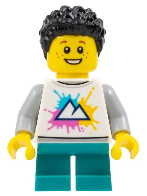 LEGO Child - Boy, White Shirt with Mountains Logo, Dark Turquoise Short Legs, Black Short Coiled Hair, Freckles minifigure