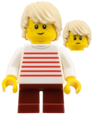 LEGO Boy - Tan Hair, Red Stripes Shirt, Dark Red Legs minifigure