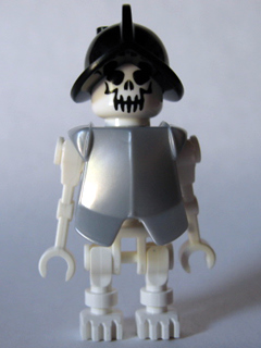 LEGO Skeleton, Fantasy Era Torso with Evil Skull, Black Conquistador Helmet, Pearl Light Gray Armor minifigure