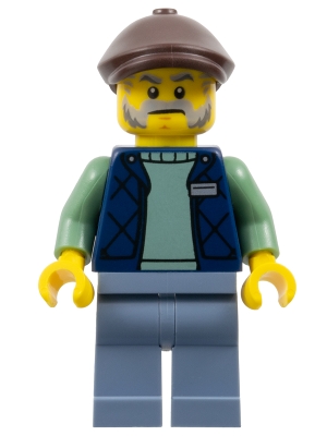 LEGO Corner Kiosk Vendor - Male, Dark Blue Bodywarmer over Sand Green Sweater, Sand Blue Legs, Dark Brown Flat Cap minifigure