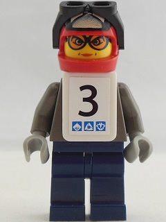 LEGO Snowboarder, Dark Gray Shirt, Dark Blue Legs, White Vest, Number 3 Sticker on Both Sides minifigure
