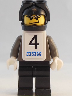 LEGO Snowboarder, Dark Gray Shirt, Black Legs, Black Helmet, White Vest, Number 4 Sticker on Both Sides minifigure