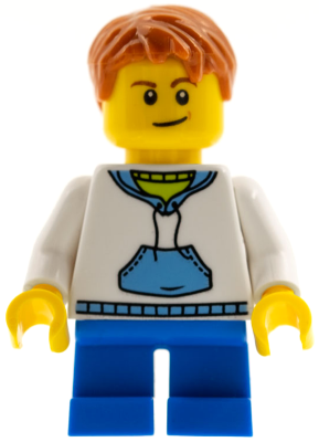 LEGO White Hoodie with Blue Pockets, Blue Short Legs, Dark Orange Hair, Crooked Smile with Brown Dimple minifigure