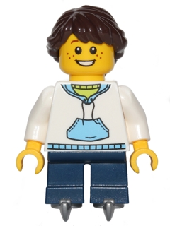 LEGO White Hoodie with Blue Pockets, Dark Blue Short Legs with Skates, Dark Brown Hair Ponytail Long French Braided minifigure