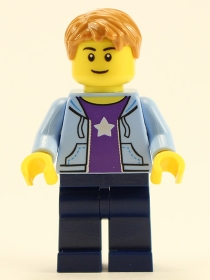 LEGO Boy, Bright Light Blue Hoodie with White Star, Dark Blue Legs, Medium Nougat Hair Short Tousled with Side Part minifigure