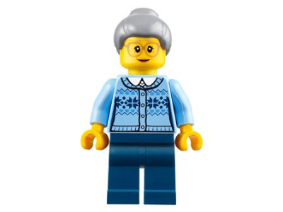 LEGO Grandmother - Fair Isle Sweater, Light Bluish Gray Hair with Top Knot Bun, Dark Blue Legs, Glasses minifigure