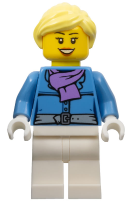 LEGO Female, Jacket with Medium Lavender Scarf, White Legs, Bright Light Yellow Ponytail, Open Mouth Smile minifigure