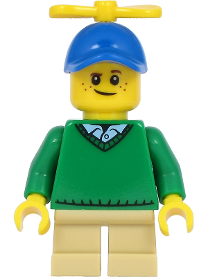 LEGO Boy - Freckles, Green Sweater V-Neck over Button Down Shirt Collar with 1 Button, Tan Short Legs, Blue Cap with Tiny Yellow Propeller minifigure