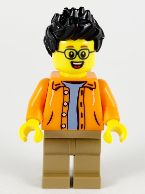 LEGO Man, Black Spiky Hair, Glasses, Orange Jacket, Sand Blue Shirt, Dark Tan Legs minifigure