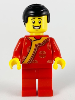 LEGO Toy Vendor, Black Hair, Red Changshan with Bright Light Orange Wide Hem, Gold Circles Pattern minifigure