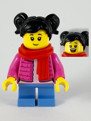 LEGO Child Girl, Black Hair, Red Scarf, Dark Pink Puffy Jacket, White Shirt, Medium Blue Short Legs minifigure