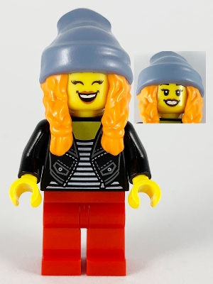 LEGO Woman, Sand Blue Stocking Cap, Orange Braids, Black Jacket, Striped Shirt, Red Legs minifigure