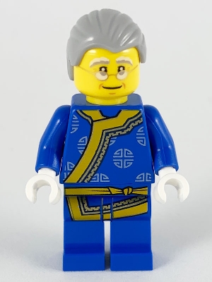 LEGO Shadow Puppeteer, Light Bluish Gray Hair, Glasses, Blue Changshan with Yellow Hem and Sash, Silver Circles Pattern minifigure