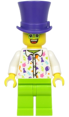 LEGO Birthday Party Guest, Dark Purple Top Hat, Green Glasses, White Shirt, Lime Legs minifigure