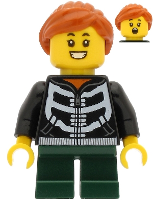 LEGO Girl - Black Hoodie with Skeleton Torso, Dark Green Short Legs, Dark Orange Hair minifigure