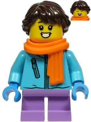 LEGO Girl - Medium Azure Winter Jacket, Medium Lavender Short Legs, Dark Brown Hair, Orange Scarf minifigure